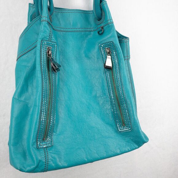 BCBG MAX AZRIA Bag Large Turquoise Bucket Hobo Satchel Tote Pockets - Picture 2 of 16